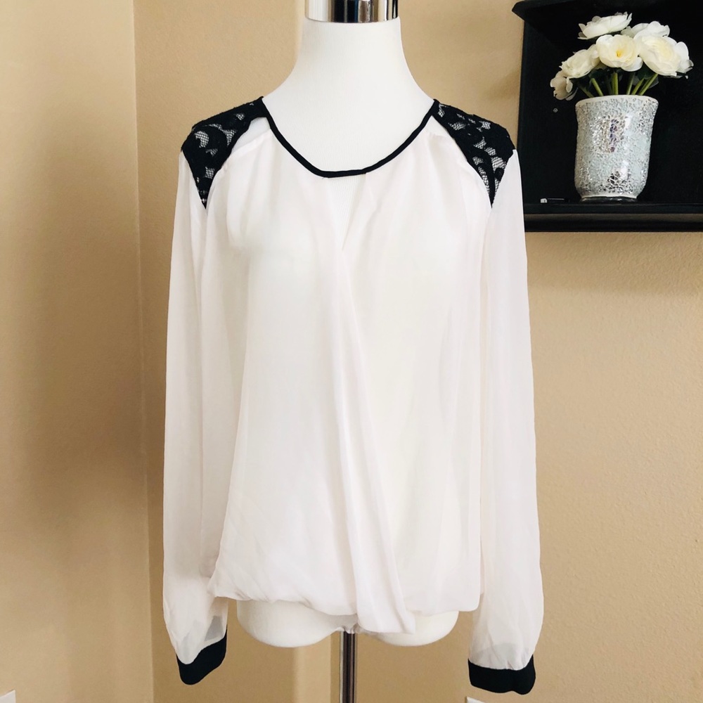 Bisou Bisou White Black Lace Chiffon Sheer Blouse